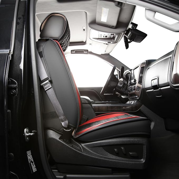 Chevy Silverado Seat Covers,Leather Seat Covers for GMC Sierra,Custom Fit 2007-2026 1500 2500HD 3500HD Crew Double Extended Regular Cab,LT LZT RST Trail Boss(Front Pair,Black Red) - Image 8