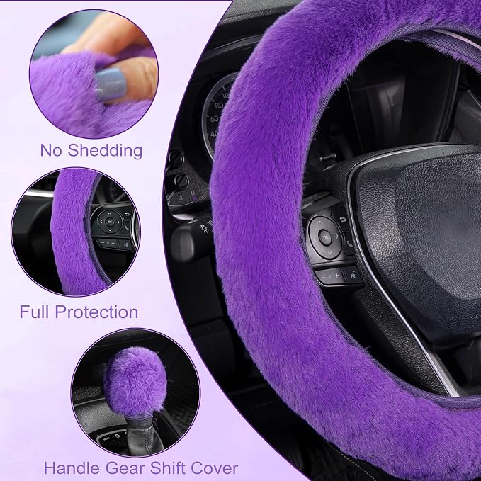 SEG Direct Furry Steering Wheel Cover Fluffy Fuzzy Gear Shift Cover Purple | Gear Shift Cover, 2 PCS Set, Soft and Warm, Cute Fur Auto Car Decor, Standard Size 14.5- 15 inch for Women Men - Image 4