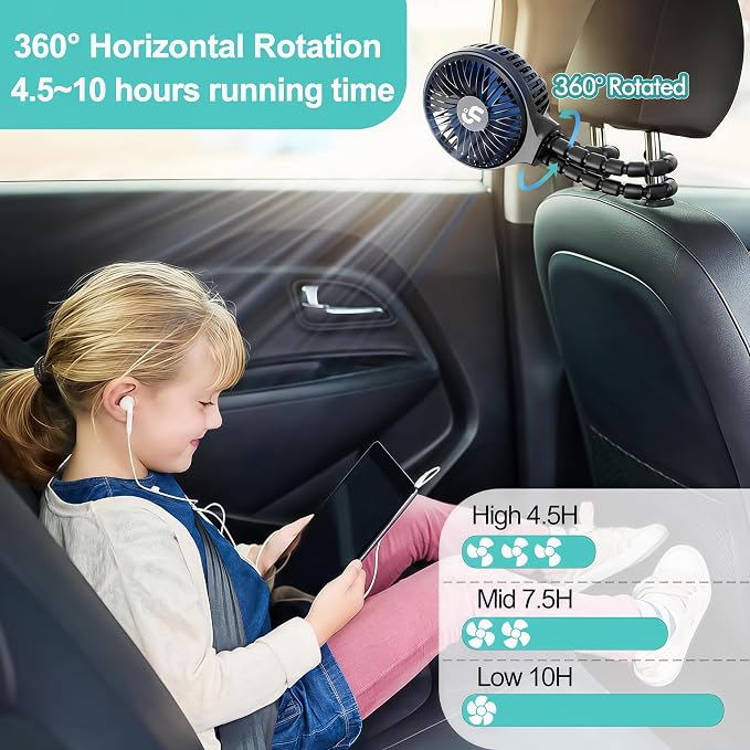 Portable Stroller Fan, USB or Rechargeable Battery Operated with 3 Speeds and 360°Rotate, Cooling Clip On for Baby Crib Travel Car Seat Black - Image 5