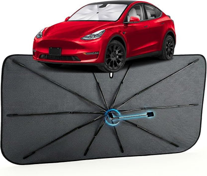Car Windshield Sun Shade Umbrella for Tesla Model Y 2020-2026, 1:1 Fit | [Reflective Coated Fabric] Car Shades Sun Visor Keep Car Cool and Protects Interior, Sunshade Umbrella for Front Window by MakeLifeBetter