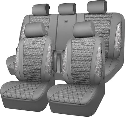 CAR PASS Bling Diamond Gray Leather Car Seat Covers Full Sets Interior Sets, Waterproof Shining Glitter Sparkly Crystal Universal Armrest Fit for Automotive Truck SUV Cute Women Girl, Gray Rhinestone by CARPASS