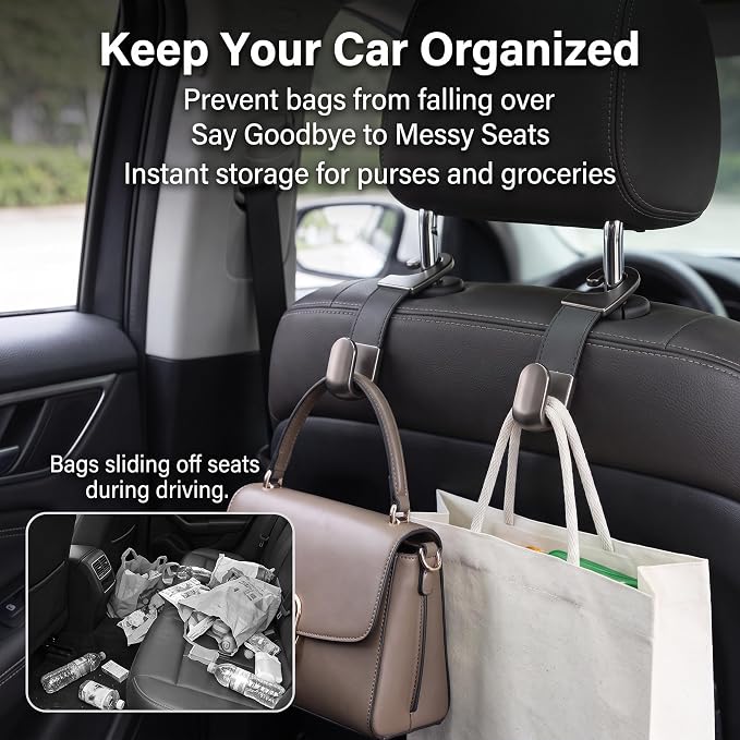 2PCS Leather Metal Car Headrest Hanger, Simple Style Car Seat Headrest Hooks, Multi-Purpose Car Seat Back Organizers, Universal for Purses, Handbags, Bags (Black) - Image 4