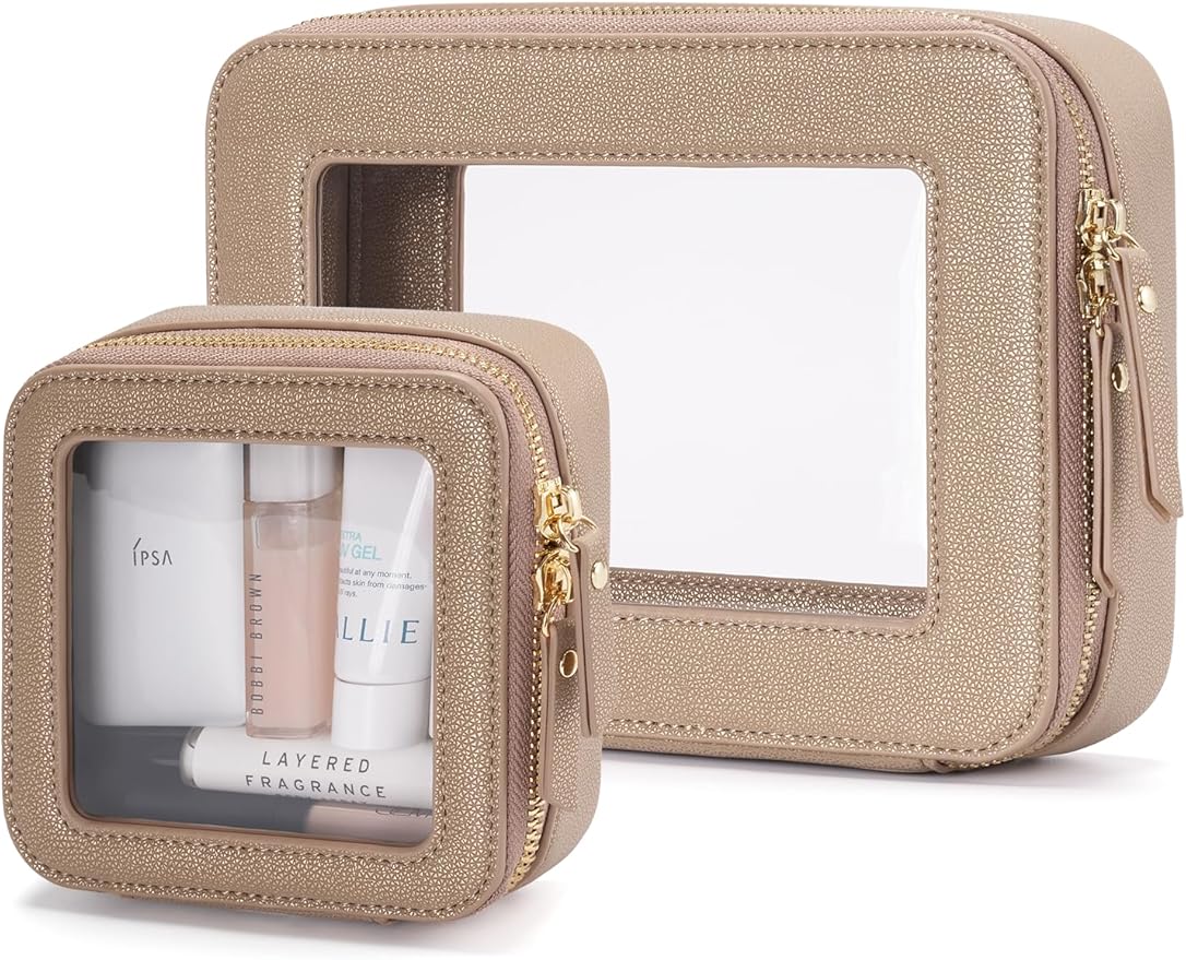 Clear Makeup Case Toiletry Bag Travel Medium Clear Cosmetic Bag with Zipper, Make Up Bag Organizer Traveling TSA Approved Transparent Bag Car for Essentials, Mini & Medium, Gold by POPVIBE