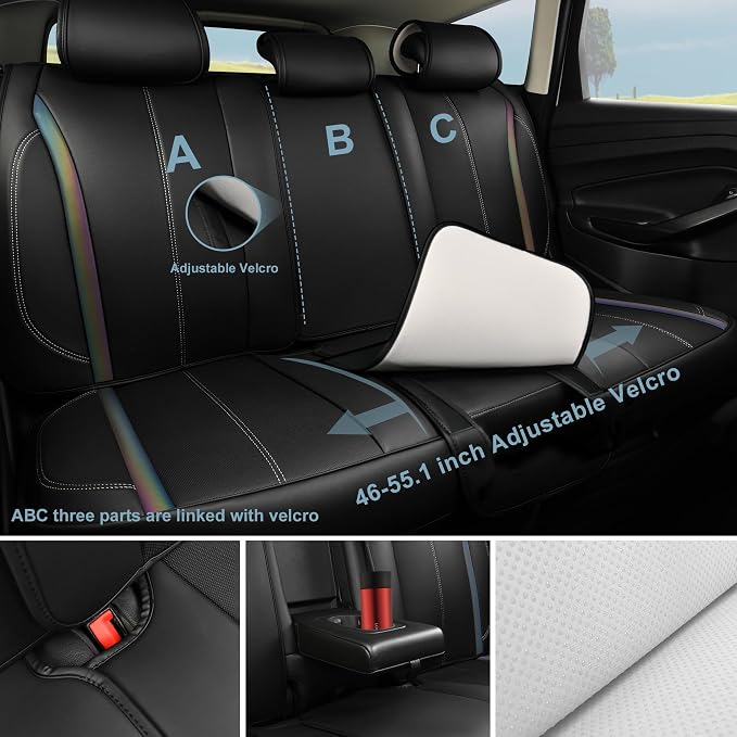 CAR PASS Back Seat Covers, Nappa Leather Rear Seat Bench Cushion Waterproof Breathable Back Row Protector Universal Fit for Car Sedan SUV Pickup Truck, Back Rear Black Chameleon Iridescent Reflective - Image 2