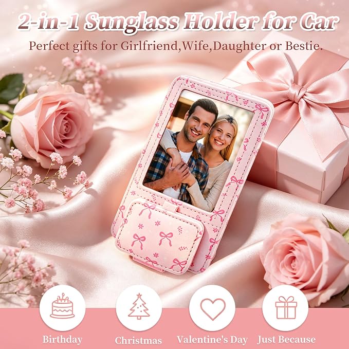 Sunglass Holder for Car, 2 in 1 Sunglass Visor Clip with Photo Frame | Leather Cloth, Magnetic Interior Car Accessories, Holds Paper Tickets, Universal Visor Fit, Custom Photo Slot, Pink - Image 4