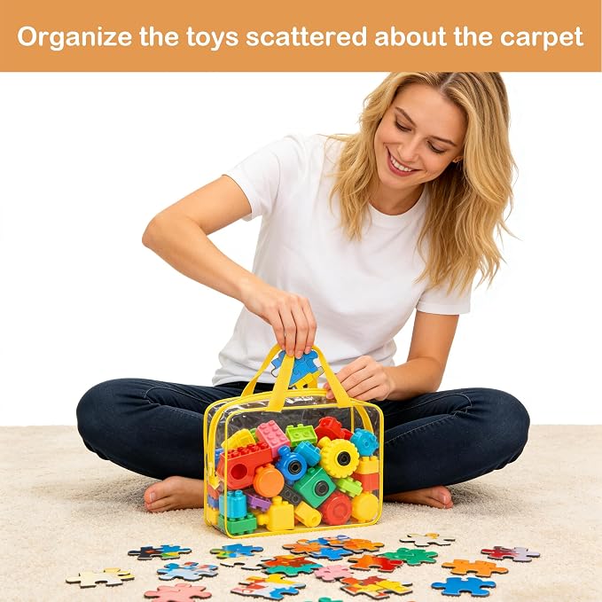 4 Packs Extra Large Toy Storage Bags with Zipper, Clear Toy Organizer Bag | with Labels for Blocks, Reusable 11.8″×8.6″×3.9″ PVC Travel Waterproof Organizer Bags for Puzzles, 4 Colors - Image 6