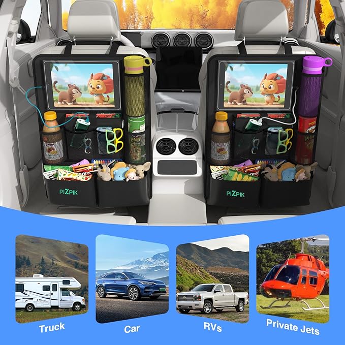 Car Backseat Organizer with Tablet Holder,11 Storage Pockets with Foldable Food Tray, Protector Kick Mats for Kids, Travel Accessories Organizer (Black, 2-Pack) - Image 6