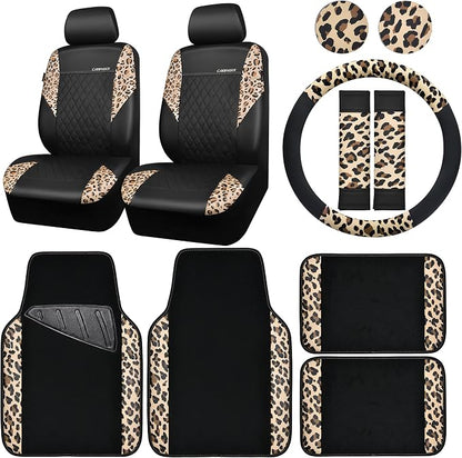 CAR PASS Leopard Print Faux Leather Car Seat Covers & Leopard Car Mats&Leopard Steering Wheel Cover Seat Belt Pad Universal Car Accessories for SUV,Van,Saden,Truck Automobile Interior Sets by CARPASS