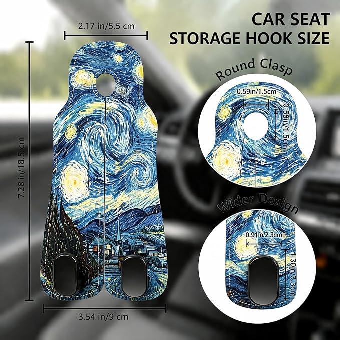 Car Seat Back Headrest Hooks - 2 Pack, The Starry Night Pattern Purse Hook for Car, Metal Leather Multifunctional Auto Hanger Organizer for Bags Water Bottles Phones - Image 2