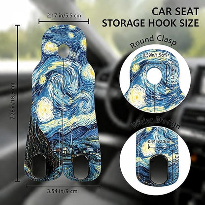 Car Seat Back Headrest Hooks - 2 Pack, The Starry Night Pattern Purse Hook for Car, Metal Leather Multifunctional Auto Hanger Organizer for Bags Water Bottles Phones - Image 2