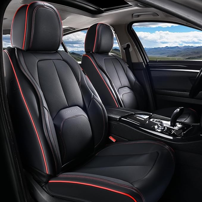 Coverado Car Seat Covers Full Set, Premium Nappa Leather Seat Covers for Car, Waterproof Car Seat Protector with Lumbar Support, Car Seat Cover Universal Fit for Most Cars SUV Truck(Black&Red) - Image 9
