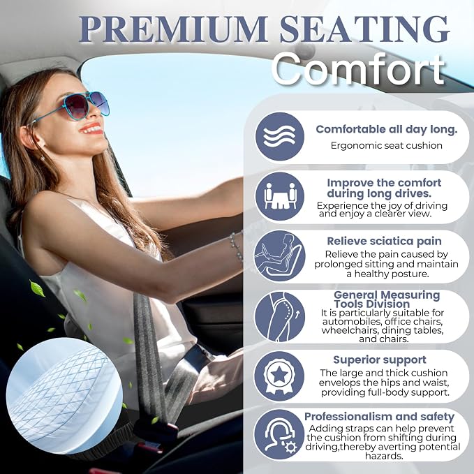 Memory Foam Seat Cushion for Sciatica & Back Pain Relief - Ergonomic Chair Pad with Adjustable Strap & Supportive Comfort Cover, Non-Slip for Car, Truck, Office Chair -Black - Image 6