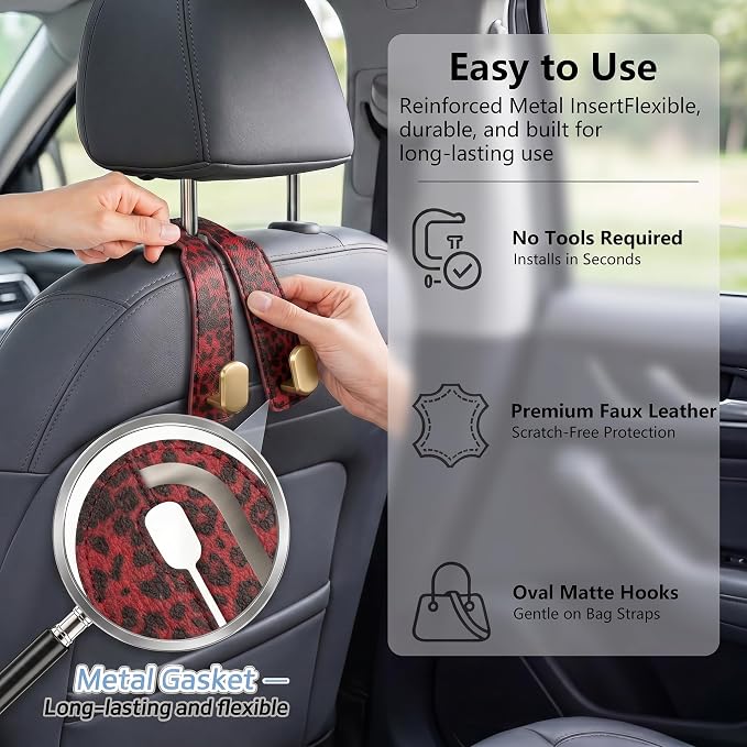 Purse Hook for Car Seat Headrest,Suede Car Purse Hook,Heavy Duty Car Hooks Organizer for Handbags,Grocery Bags & Backpacks,Universal Car Hooks for SUV Truck Interior (Red Leopard Print, Double hook) - Image 6