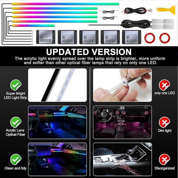 Dreamcolor Acrylic Interior Car LED Strip Light with Wireless APP, RGB 10 in 1 with 175 inches 593 Neon Car Ambient Lighting Kits, Dynamic Chasing Music Sync LEDs Fiber Optic Strip Lights for Car - Image 5