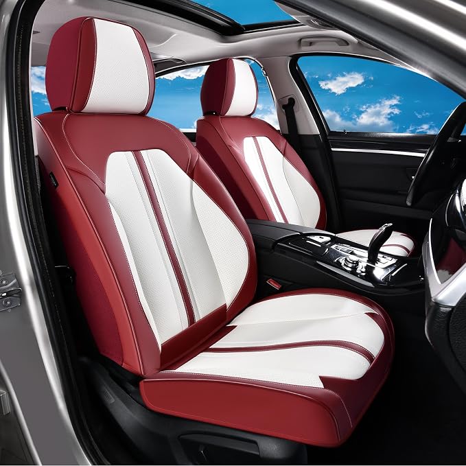 Huidasource Red White Front Seat Cover, Luxury Faux Leather Front Car Seat Cover Front Seats, Compatible with Airbags, Cooling＆Heating, Universal Fit for Most Cars, Vans, Trucks, SUVs, Red＆White by Huidasource