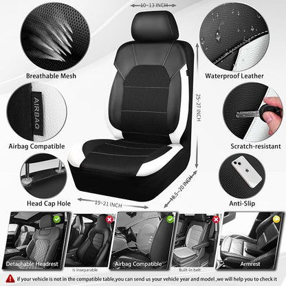 CAR PASS Universal Front Leather Car Seat Covers with Sporty Design, Breathable All Season Easy to Clean Anti-Slip Wear-Resistant Automotive Seat Covers Fit for Most Cars, SUVs, Trucks, Black & White - Image 2