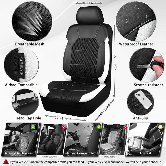 CAR PASS Universal Leather Car Seat Covers Full Set with Sporty Design, Breathable All Season Easy to Clean Anti-slip Wear-Resistant Automotive Seat Covers Fit for Most Cars, SUVs, Trucks, Black White - Image 3