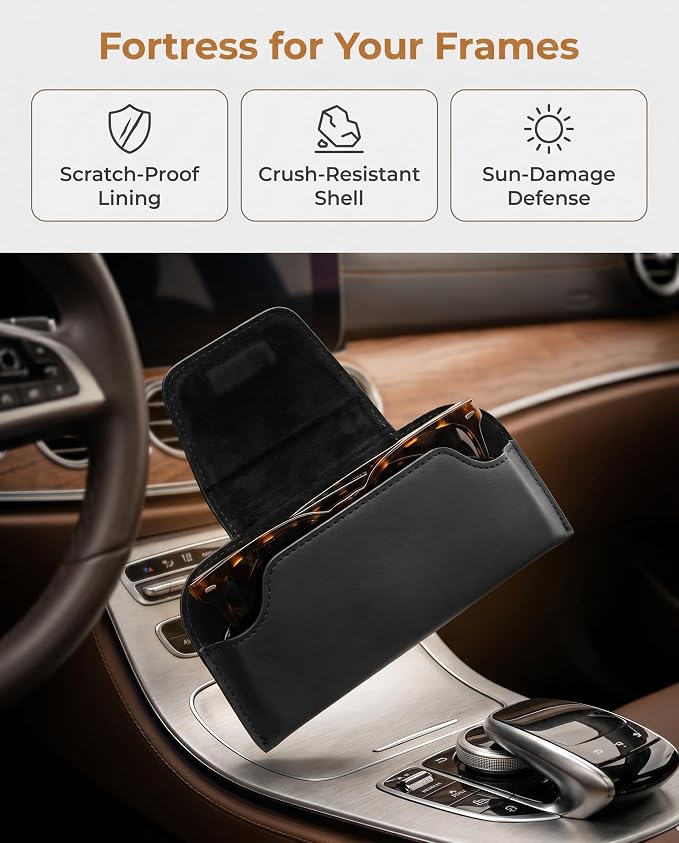 Magnetic Car Sunglasses Holder for Visor, Black PVC Leather | 1-hand access stops lens scratches clip installs fast 7x3.5" won't block view Fits all car visors & most eyewear - Image 6