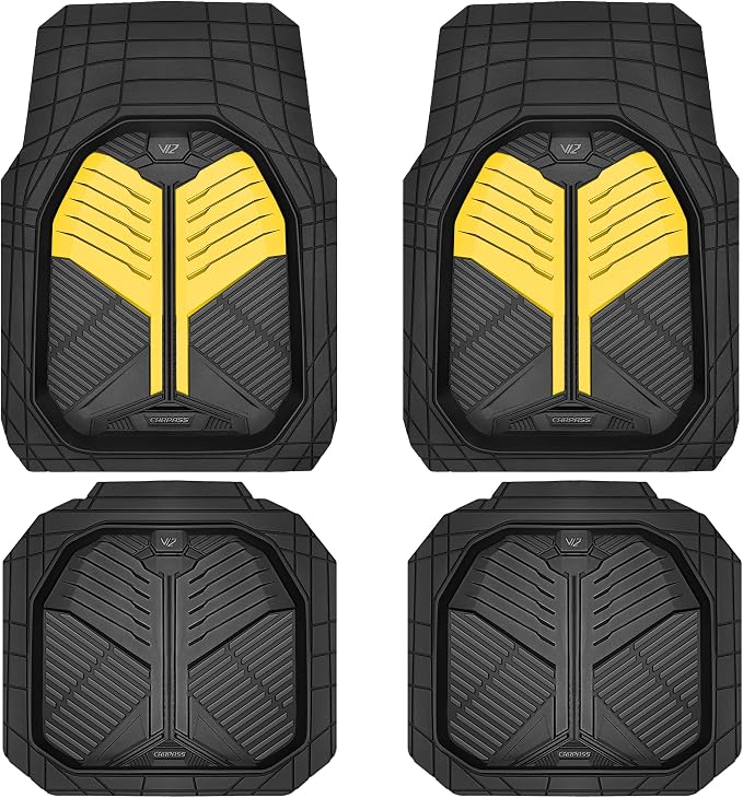 CAR PASS Heavy Duty Rubber Car Mats, Deep Dish Car Floor Mats All Weather, Car Mats Full Set 4-Piece Trim to Fit for Sedans SUVs Trucks, Waterproof Anti-Slip Automotive Mats, V12 Black and Yellow by CARPASS
