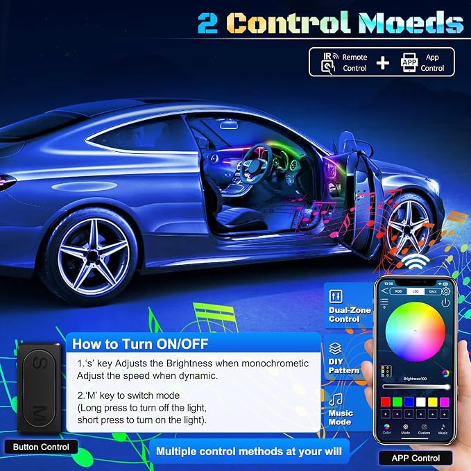 Dreamcolor Acrylic Interior Car LED Strip Light with Wireless APP, RGB 14 in 1 with 175 inches 593 Neon Car Ambient Lighting Kits, Dual Zone Music Sync LEDs Fiber Optic Strip Neon Lights for Car - Image 4