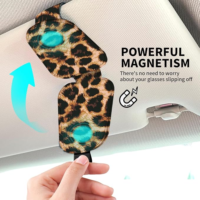 Leather Magnetic Sunglass Holder for Car Sun Visor, Cute Eyeglass Ticket Card Hanger Clip, Universal Auto Interior Accessories for SUV Pickup Truck Classic Leopard - Image 3