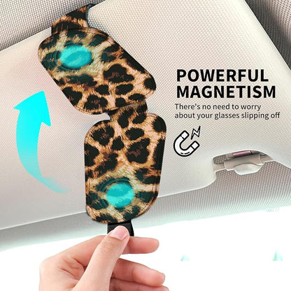 Leather Magnetic Sunglass Holder for Car Sun Visor, Cute Eyeglass Ticket Card Hanger Clip, Universal Auto Interior Accessories for SUV Pickup Truck Classic Leopard - Image 3