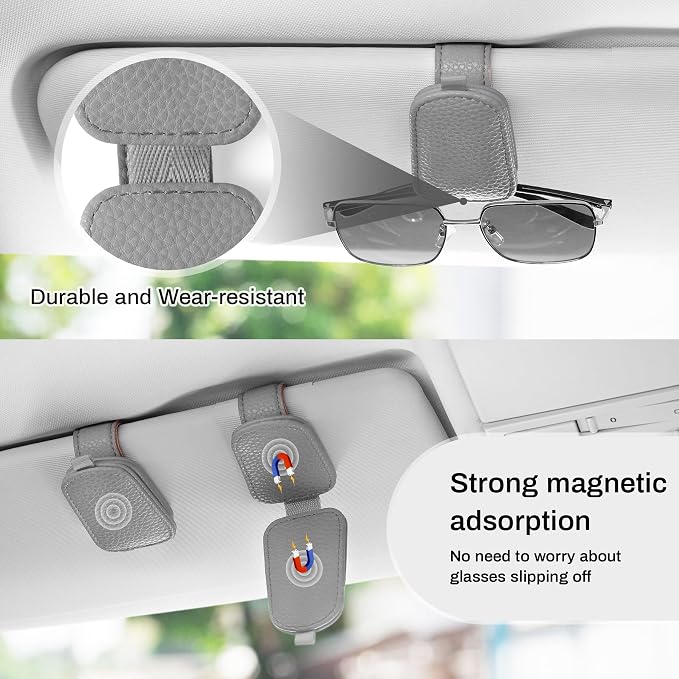 SINGARO Sunglasses Holder for Car, Leather Magnetic Buckle Sun Visor Sunglass Clip, Ticket Card Storage Glasses Clip, Car Interior Accessories for Men and Women（Gray） - Image 7