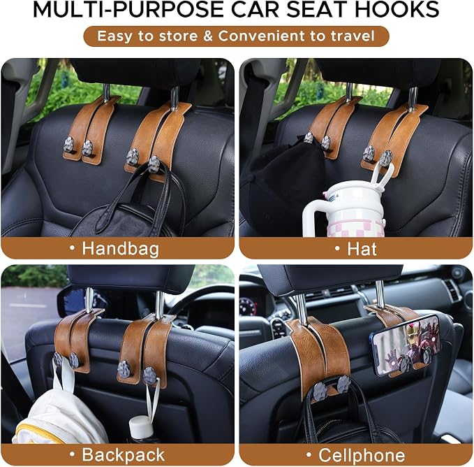 Leather Car Purse Hook for Headrest, 2 Pack (Brown-Black) | Twin Hooks Headrest Hangers, 2/4 Pack, No-Slip, Scratch-Proof, Holds Purses, Backpacks, Grocery Bags, Car Organizer Gift - Image 7