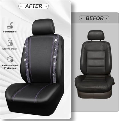 CAR PASS Bling Diamond Car Seat Covers Full Set,Shining Rhinestone Waterproof Faux Leather,Rear with Zipper,Universal Fit Automotive Glitter Crystal Sparkle Strips for Women,Violet Purple Rhinestone - Image 5