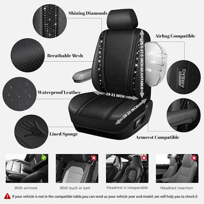 CAR PASS Memory Foam Mesh Bling Diamond Car Seat Cover 2 Front Seats Breathable Soft Sponge Universal Shining Glitter Sparkly Crystal Fit Armrest Automotive Truck SUV Cute Women Girl, Black Rhinestone - Image 2