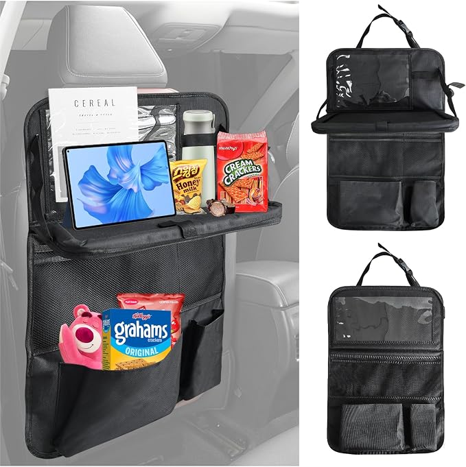 Car Backseat Organizer with Tablet Holder, 9 Storage Pockets with Foldable Food Tray, Kick Mats Back Seat Cover for Kids Road Trip Essentials Travel (1 Pack) by Unknown