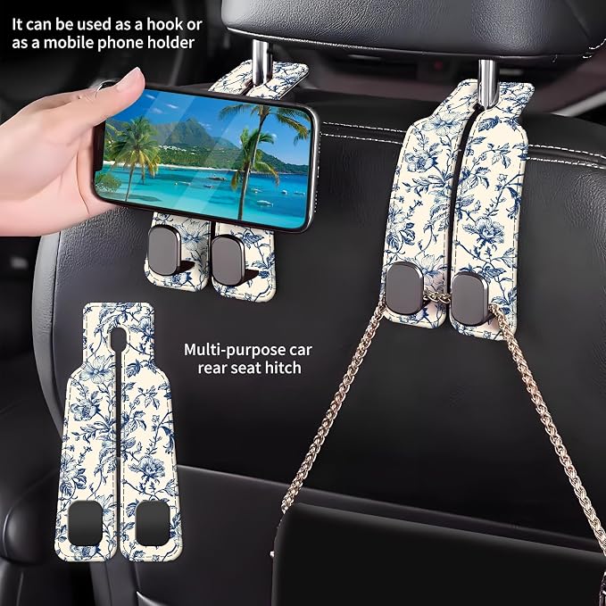 Car Seat Back Storage Headrest Hook, Premium Leather Double Metal Hook, Hanger Storage Organizer for Purse Cloth Bag, Car Interior Accessories Luxury Blue Flowers - Image 2