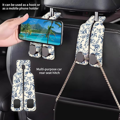 Car Seat Back Storage Headrest Hook, Premium Leather Double Metal Hook, Hanger Storage Organizer for Purse Cloth Bag, Car Interior Accessories Luxury Blue Flowers - Image 2