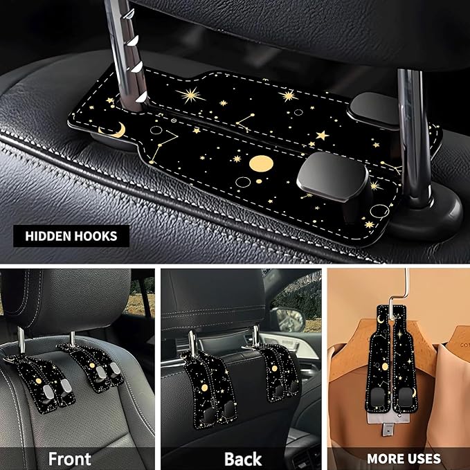 Car Seat Headrest Hook, Universal Leather Cute Hanger Holder Hook, Storage Organizer Interior Accessories for Purse Bags Handbag Black Yellow Sun Moon - Image 3