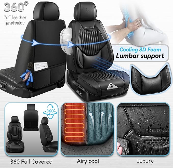CAR PASS Luxury Nappa Leather Car Seat Covers Full Set, Lumbar Support Seat Covers for Car 5 Seats, Waterproof Car Seat Protector, Automotive Seat Covers Universal Fit for Most Sedans SUV Trucks Black - Image 4