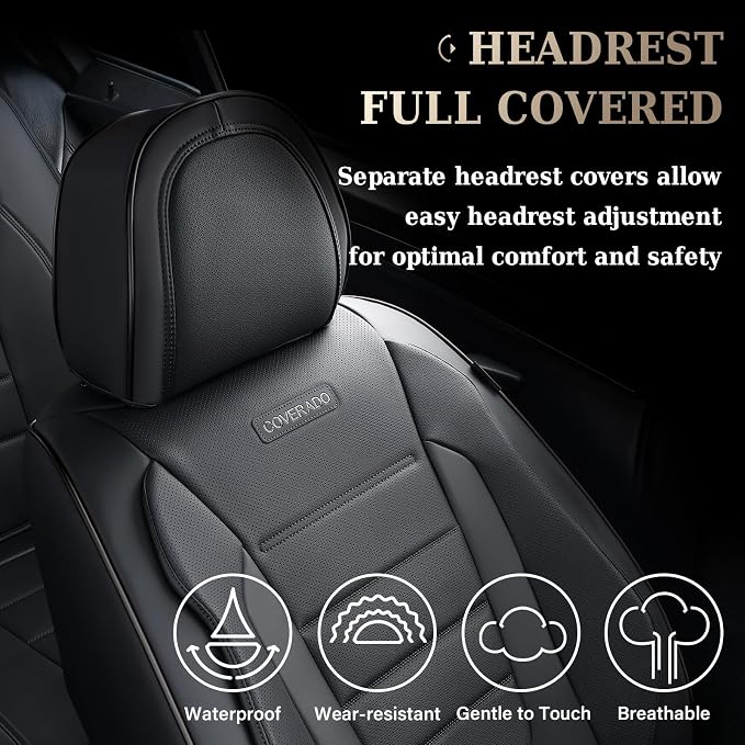 Coverado Car Seat Covers Full Set, Black Seat Covers for Cars, Car Seat Cover, Car Seat Protector, Nappa Leather Car Seat Cushion, Waterproof Car Seat Covers Front Seats and Back Fit for Most Cars - Image 6