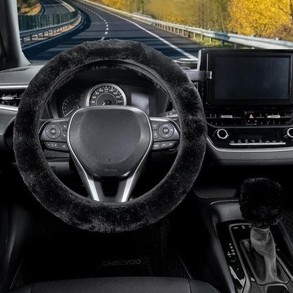 SEG Direct Furry Steering Wheel Cover, Fluffy Fuzzy Gear Shift Cover Black | Gear Shift Cover, 2 PCS Set, Soft and Warm, Cute Fur Auto Car Decor, Standard Size 14.5- 15 inch for Women Men - Image 2