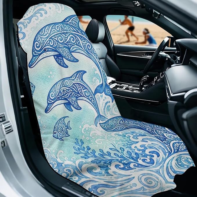 Dolphin Print Car Seat Towel Covers Front Seats Polynesian Style Automotive Seat Covers with Storage Bag Multi-Purpose Absorbent Microfiber Towels, Blue - Image 2