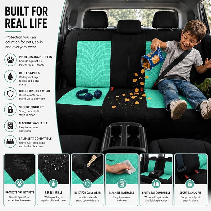 FH Group Full Set Premium Cloth Car Seat Covers - Universal Fit, Low Back Front Seat Covers, Airbag Compatible, Split Bench Rear Seat, Washable Seat Cover for SUV, Sedan, Mint - Image 8