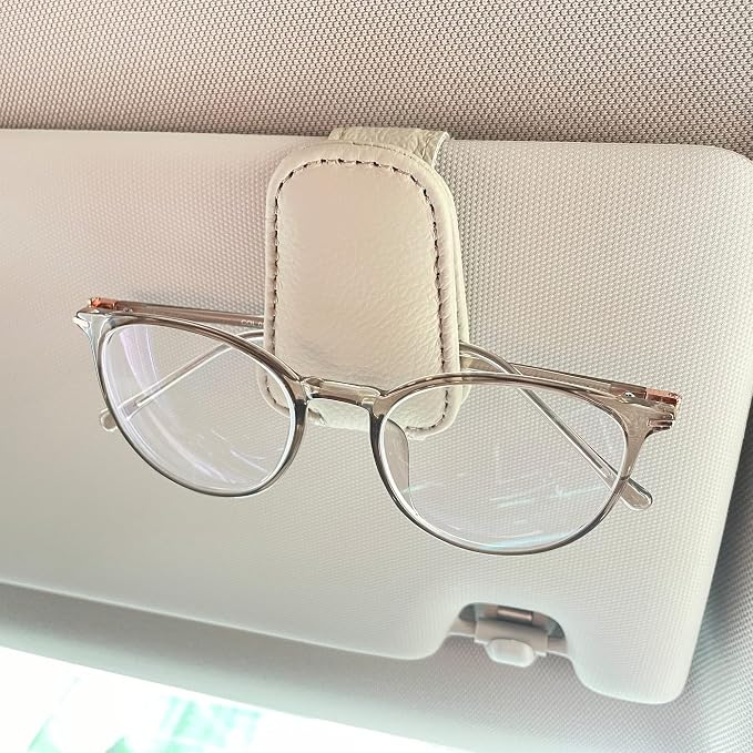 KIWEN 2 Packs Sunglasses Holders for Car Visor, Magnetic Leather Glasses Eyeglass Clip for Car, Ticket Card Clip Sunglasses Mount, Car Visor Accessories Gadgets (2, Beige) - Image 2