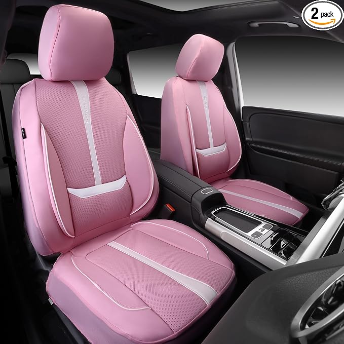 CAR PASS Nappa Leather Car Seat Covers, Cute Girly Water Resistant 3D Foam Faux Leather Seat Covers, Lumbar Support Automotive Seat Covers 2 Front Seats, Universal Fit for Cars SUV, Cute Pink White by CARPASS