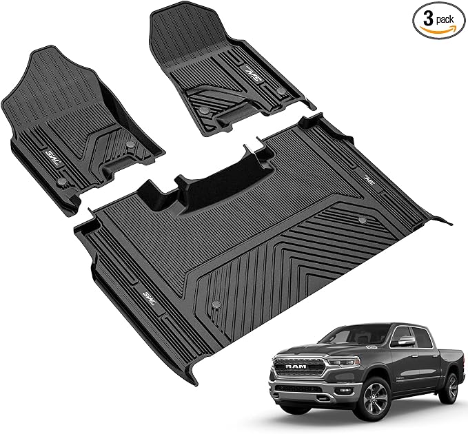 3W Floor Mats Fit for 2019-2024 Dodge Ram 1500 Crew Cab New Body | NOT Classic Models) with Original Storage All Weather TPE Accessories Custom Fit Dodge Ram 1500 Floor Liner Full Set Car Mats by 3W