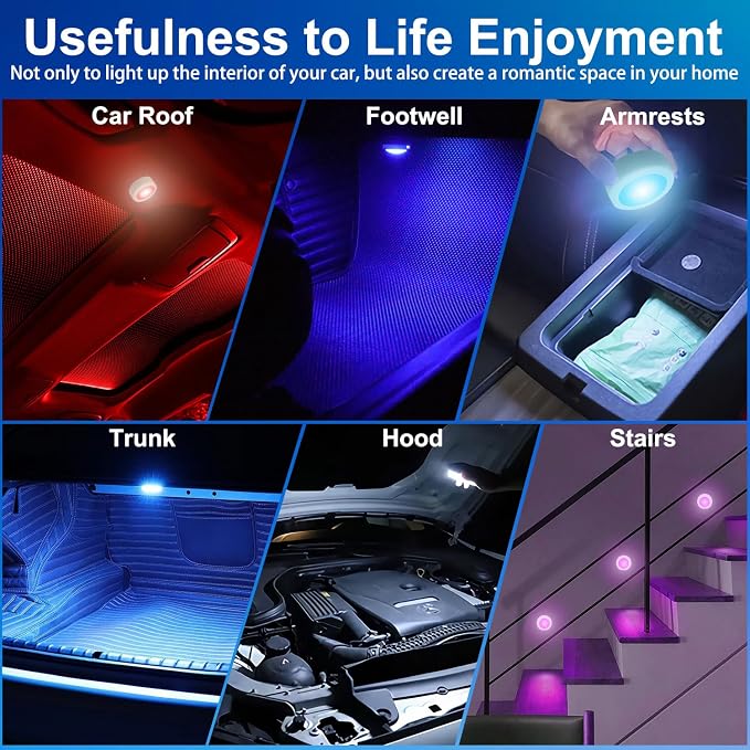 Wireless Interior Car Lights with Remote Control, 4Pcs Ambient Lighting Kit | 16 Colors Rechargeable Inside Car Lights, USB Powered, Dimmer & Timer Function for Vehicle Home Decoration - Image 5