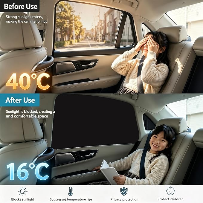 Magnetic Car Window Shades - 100% Block Light Car Curtains - 4Pcs | Universal Fit Side Window Sun Shades Car Window Covers Keep Cooler Feeling, Thicken(thickset, 4pcs) - Image 3