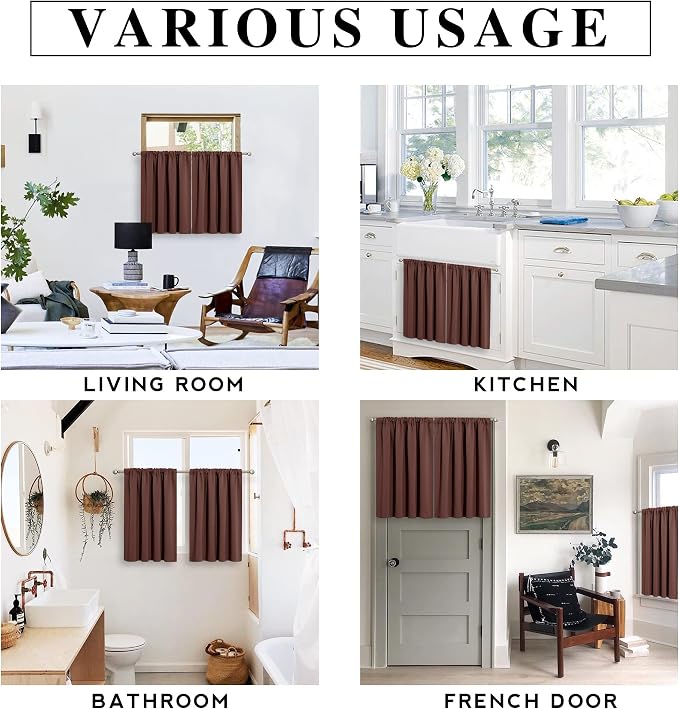 RYB HOME Small Window Curtains 45 inches Length for Kitchen Cafe Bathroom | Room Darkening Curtains & Drapes, Energy Saving, Thermal Insulated, For Kids Bedroom, W42 x L45, Chocolate Brown, 2 Panels - Image 7