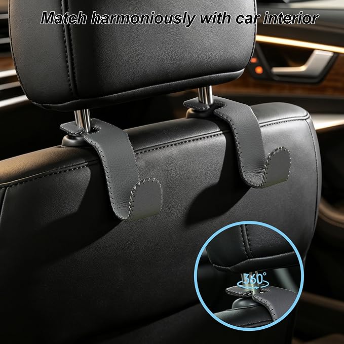Car Headrest Hooks, Universal Car Seat Back Organizer Hanger, Premium Leather & Metal Construction, Multipurpose for Handbag, Purse, Coat, Ergonomic Design, 2 Pack Gray - Image 2