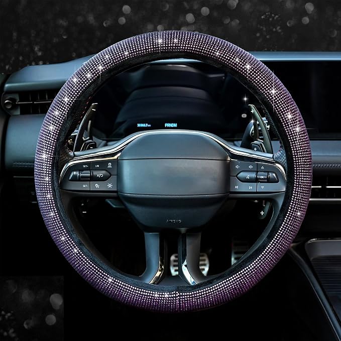 Steering Wheel Cover for Women Bling Bling Crystal Diamond Sparkling Car SUV Wheel Protector Universal Fit 15 Inch Black with Pink Diamond - Image 2