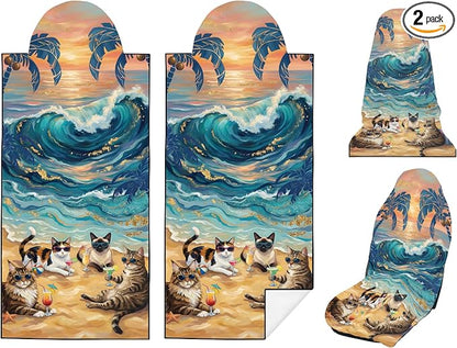 2 Pack Car Seat Towel Covers, Sweat-Proof Microfiber Seat Protectors for Gym, Running, Beach & Workout, Breathable Quick-Dry, Machine Washable, Ocean Cat Beach Print, Universal Fit by Semtomn