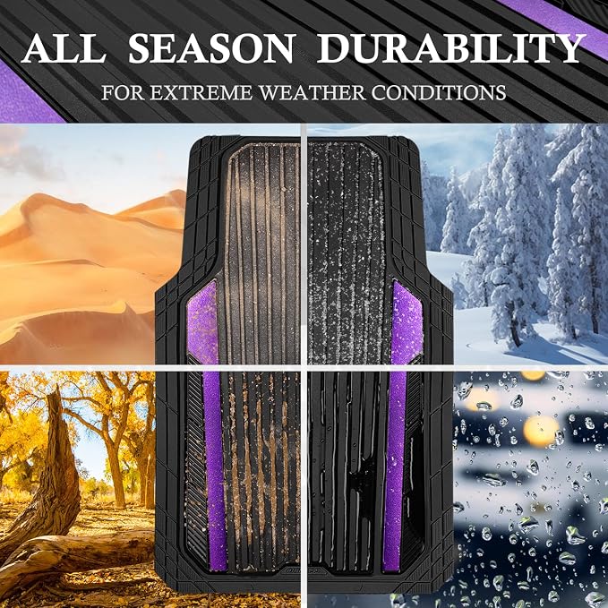 CAR PASS Heavy Duty Rubber Car Mats Metallic,Aluminum Film All Weather Floor Mats Waterproof Universal Trim to Fit SUVs Sedans Vans 4 Piece Anodized Deep Dish Two-Tone Sporty Black Purple Chrome - Image 3
