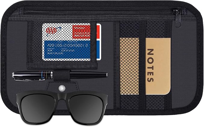 Wisdompro Car Sun Visor Organizer, Registration and Insurance Holder, Black | Auto Sunvisor Pocket, Truck Storage Pouch with Elastic Strap for Sunglass, Glasses, Documents, Cards, Pen, Drivers License by Wisdompro